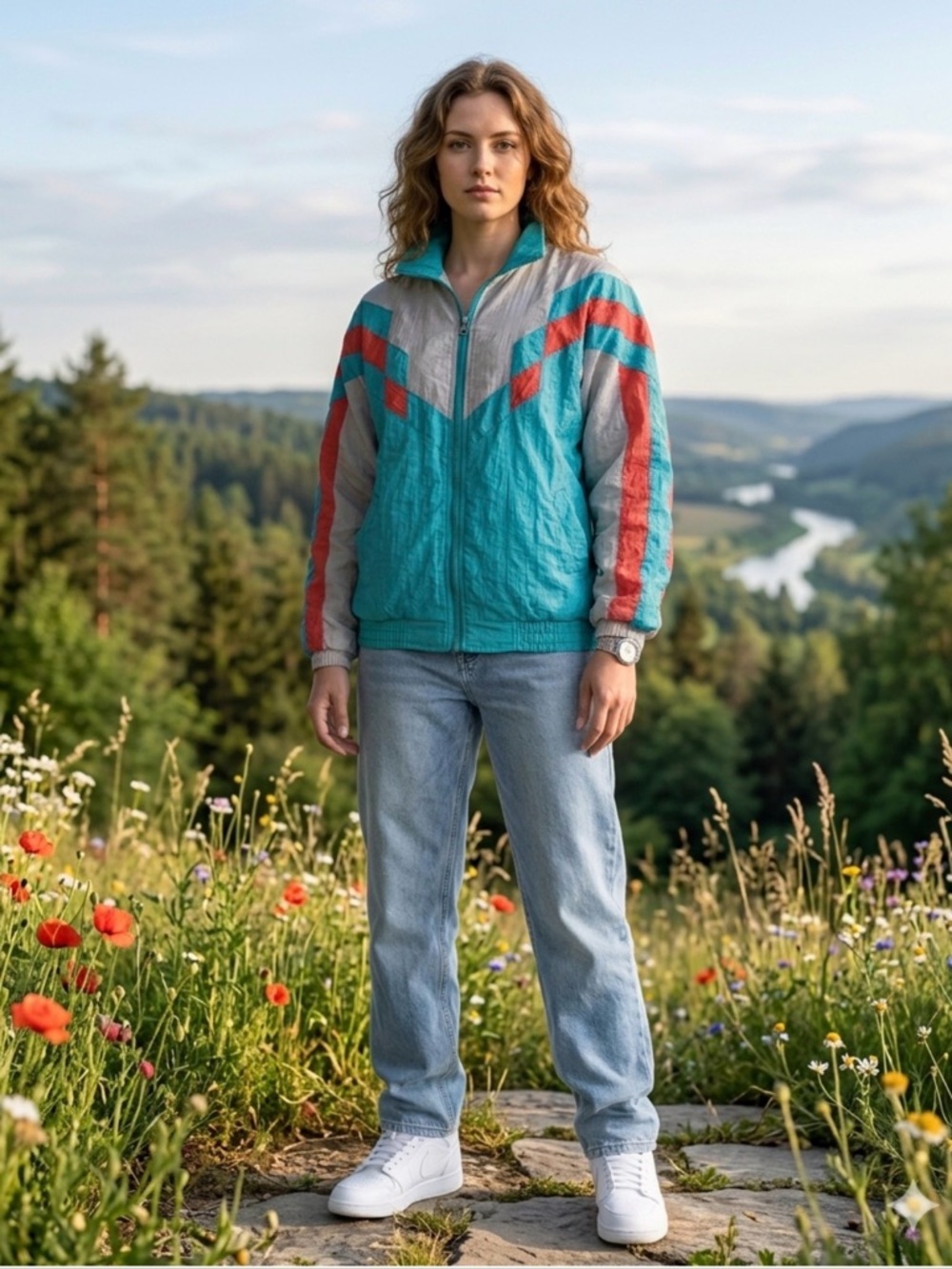 Vintage Teal and Light Gray Windbreaker with Coral Accents